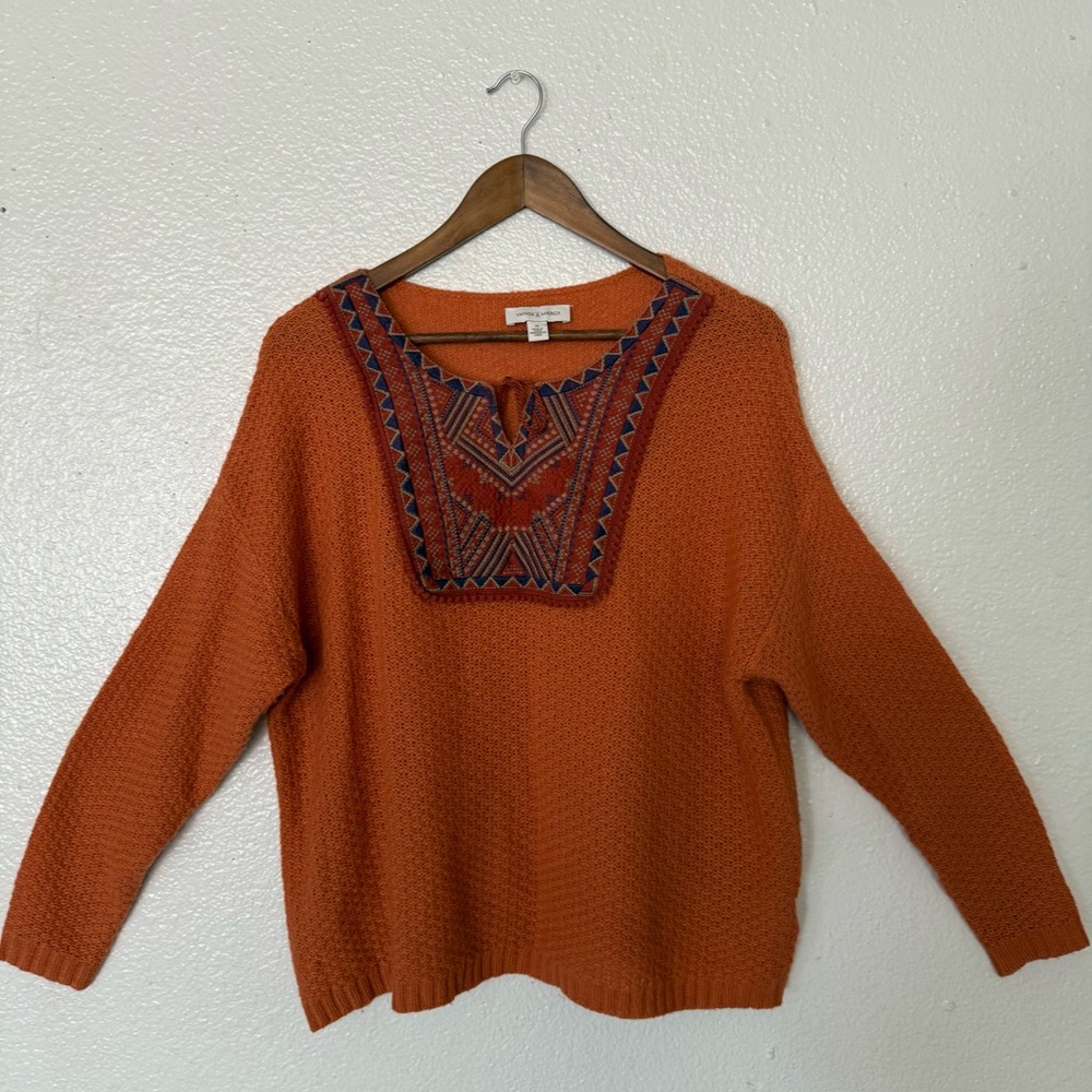Vintage America Orange Sweater with Embroidered Neckline size M